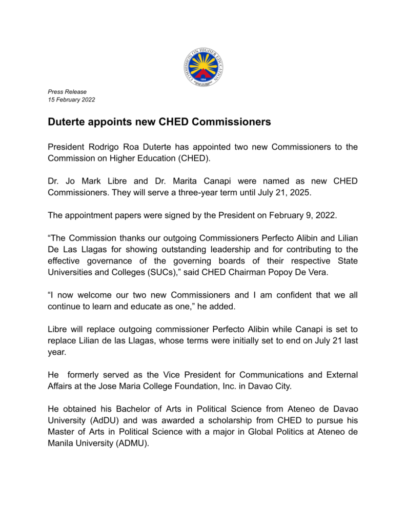 President Rodrigo Roa Duterte Has Appointed Two New Commissioners To