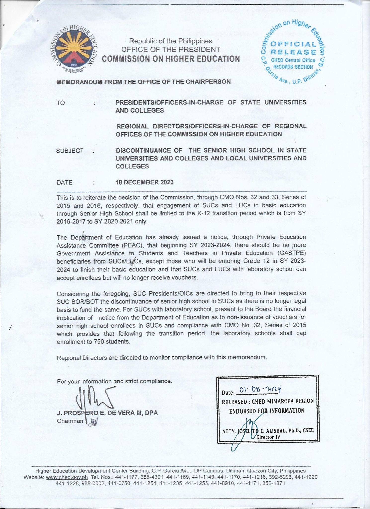 Discontinuance of the Senior High School in State Universities and ...